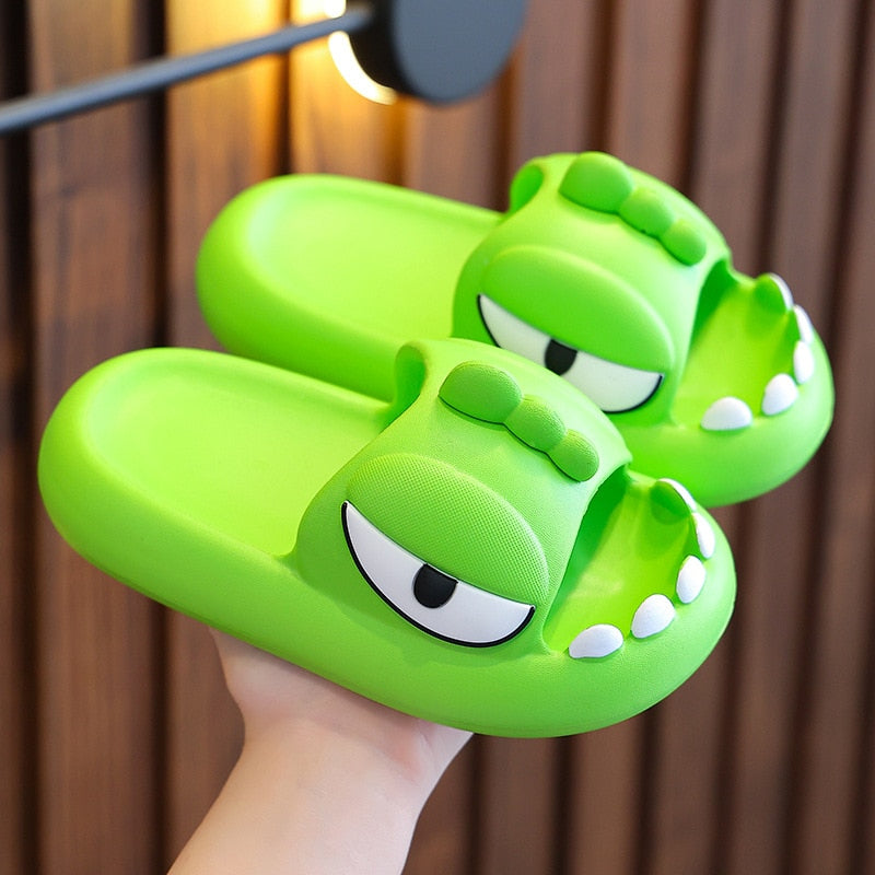 Dinosaur Slippers Kids 3-15 Year Boys Home Shoes Summer Cartoon Animal Bathroom Antislip Slides Teenager Girl Cute House Slipper bright green