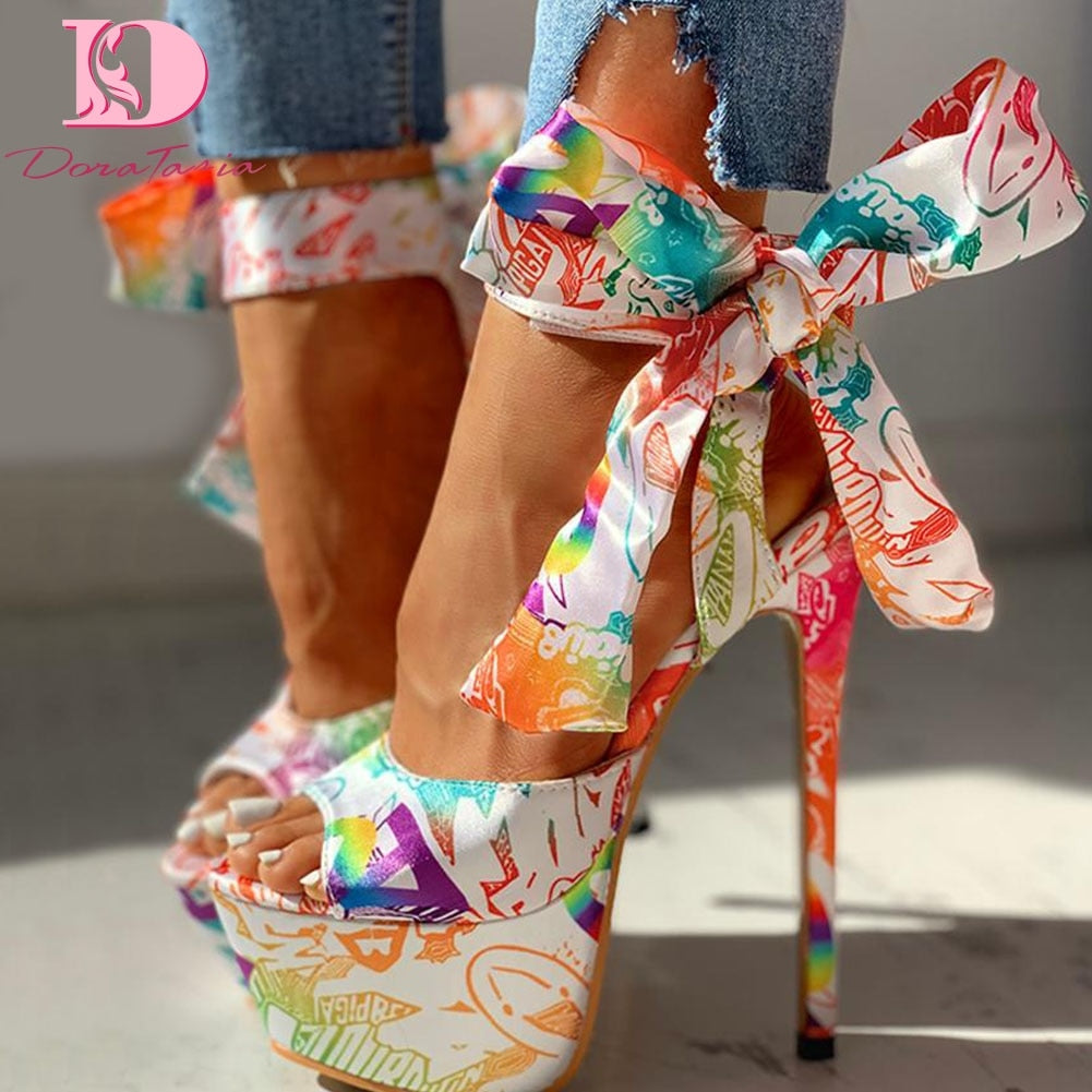 Sexy Shoes Print Super Thin High Heels Shoes Sandals Women Summer Party Platform Ankle-wrap Woman Sandals Female