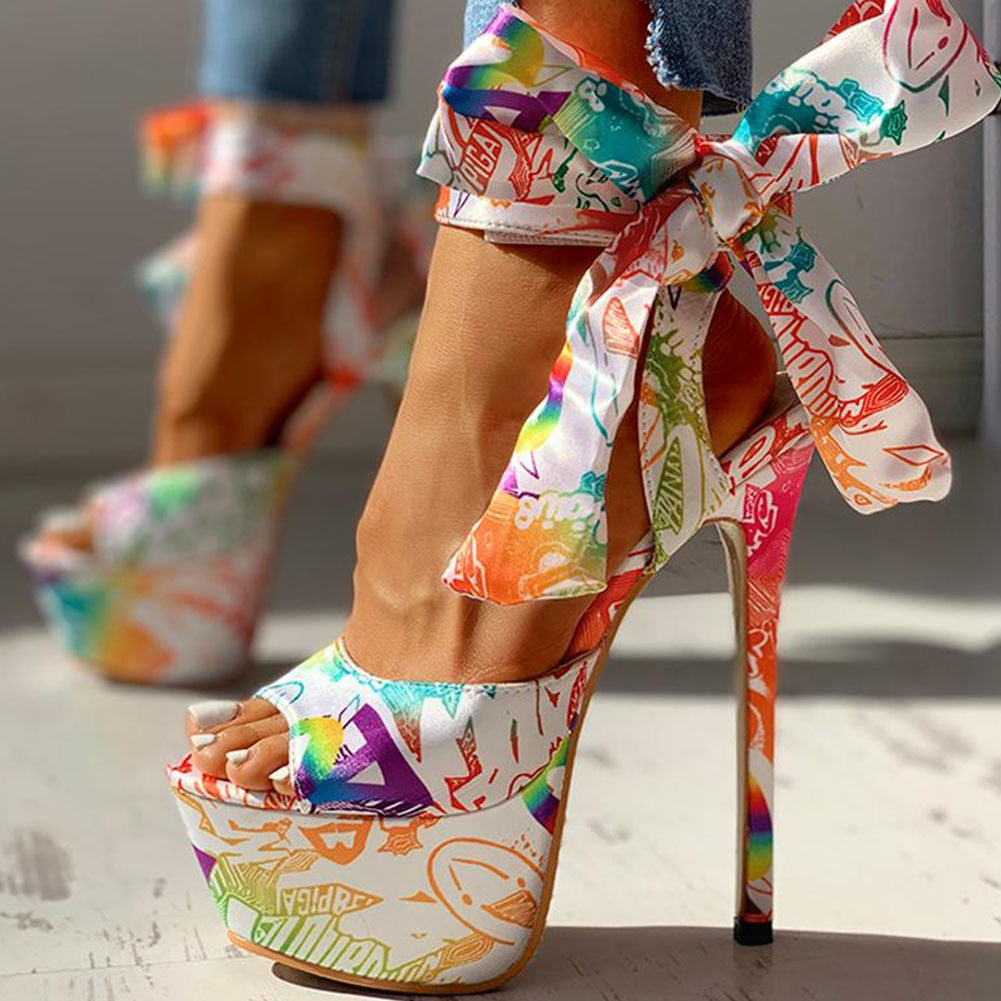 Sexy Shoes Print Super Thin High Heels Shoes Sandals Women Summer Party Platform Ankle-wrap Woman Sandals Female Flower print