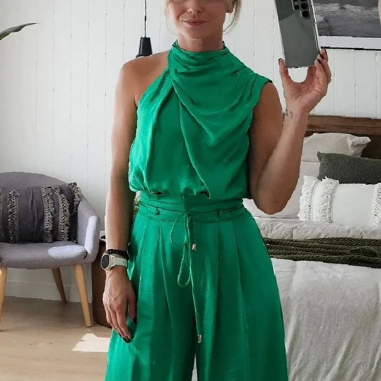 Drauuing Beige Two Piece Pants Sets Women Outfit Silk Pleated Texture Sleeveless Top Wide Leg Pants Set Summer Matching Sets Green