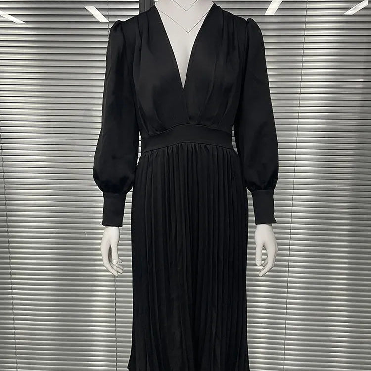 Drauuing Black Ankle Length Dresses Women V Neck Long Sleeve Loose Elegant Office Lady Fold Dresses Women Autumn New