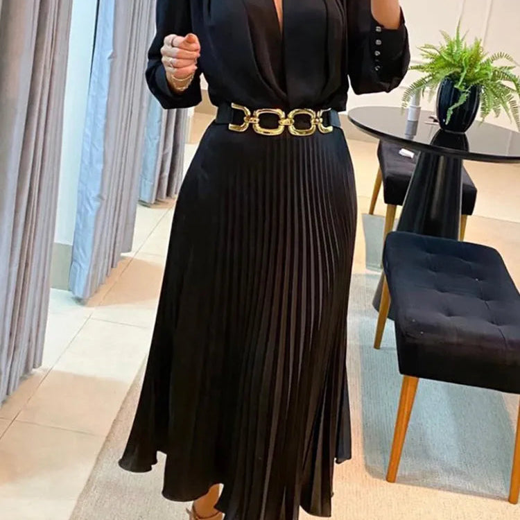Drauuing Black Ankle Length Dresses Women V Neck Long Sleeve Loose Elegant Office Lady Fold Dresses Women Autumn New Black