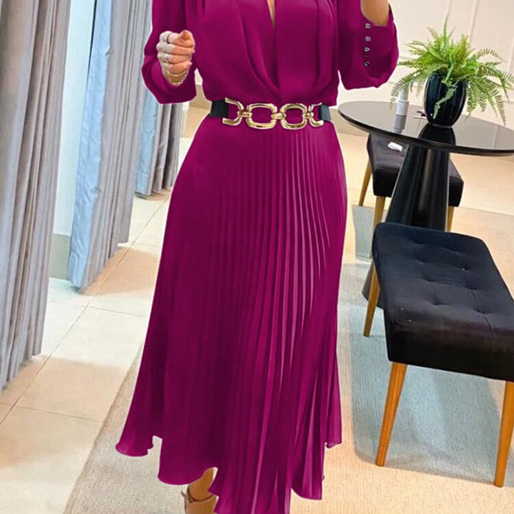 Drauuing Black Ankle Length Dresses Women V Neck Long Sleeve Loose Elegant Office Lady Fold Dresses Women Autumn New Purple