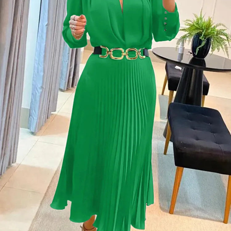 Drauuing Black Ankle Length Dresses Women V Neck Long Sleeve Loose Elegant Office Lady Fold Dresses Women Autumn New Green