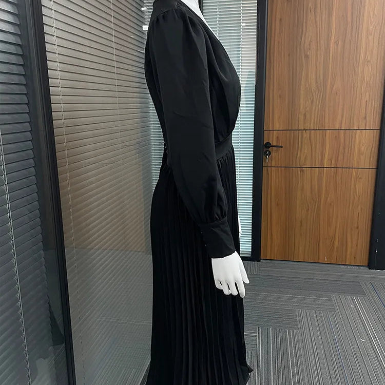 Drauuing Black Ankle Length Dresses Women V Neck Long Sleeve Loose Elegant Office Lady Fold Dresses Women Autumn New