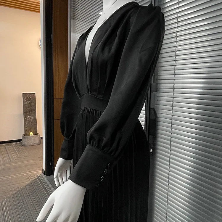 Drauuing Black Ankle Length Dresses Women V Neck Long Sleeve Loose Elegant Office Lady Fold Dresses Women Autumn New