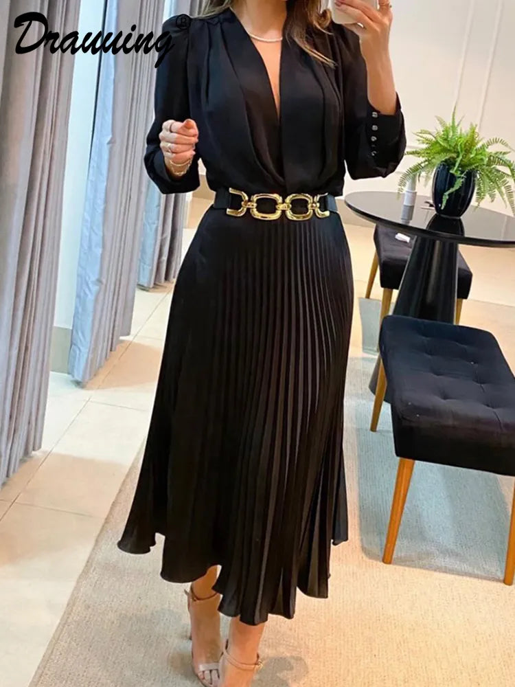 Drauuing Black Ankle Length Dresses Women V Neck Long Sleeve Loose Elegant Office Lady Fold Dresses Women Autumn New AMAIO