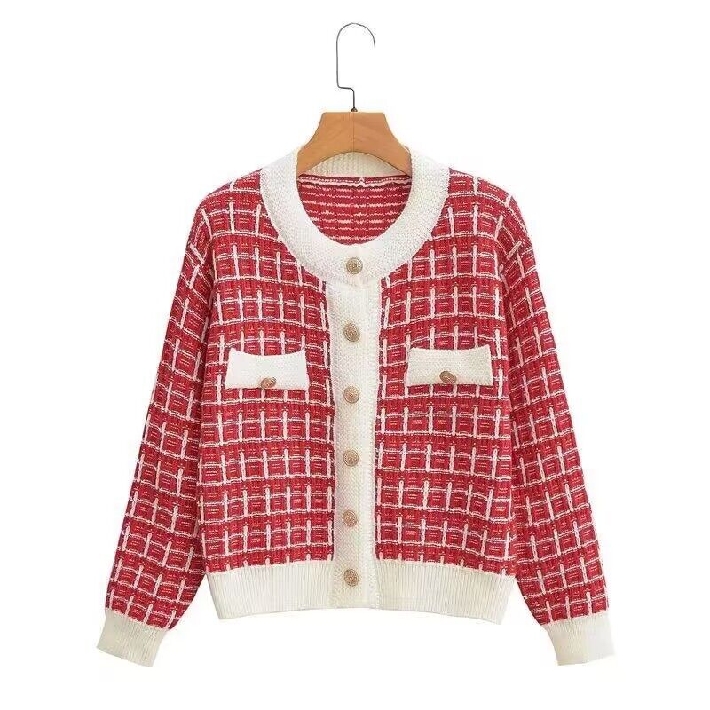 Early Autumn Sweater Women Knitted Cardigan New Year 2024 Spring and Autumn Checker Red Small Fragrant Coat O Neck Sweater AMAIO