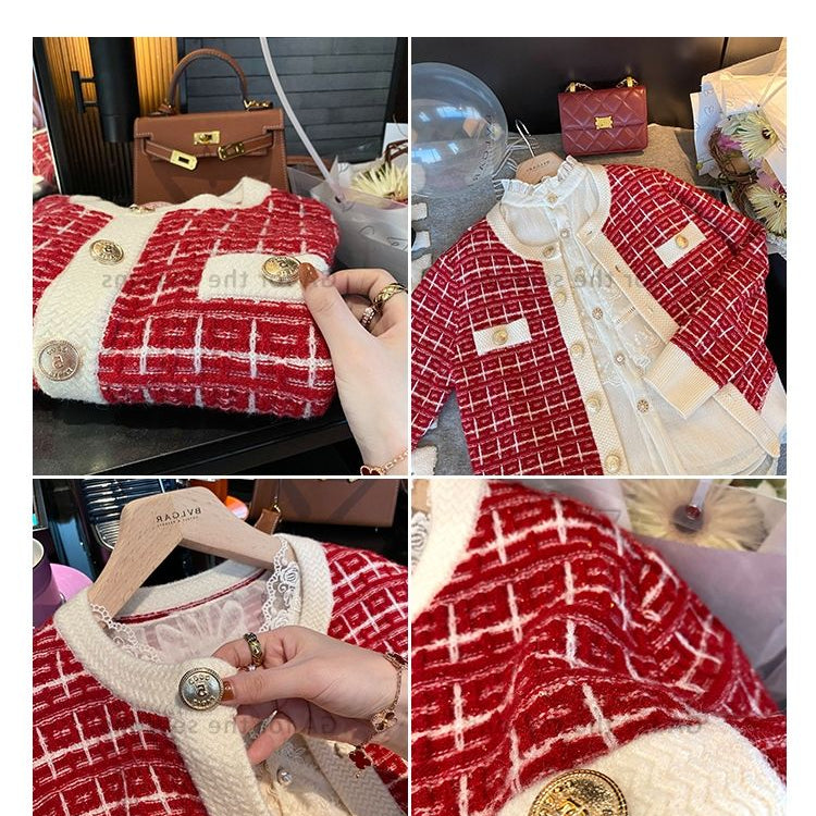Early Autumn Sweater Women Knitted Cardigan New Year 2024 Spring and Autumn Checker Red Small Fragrant Coat O Neck Sweater
