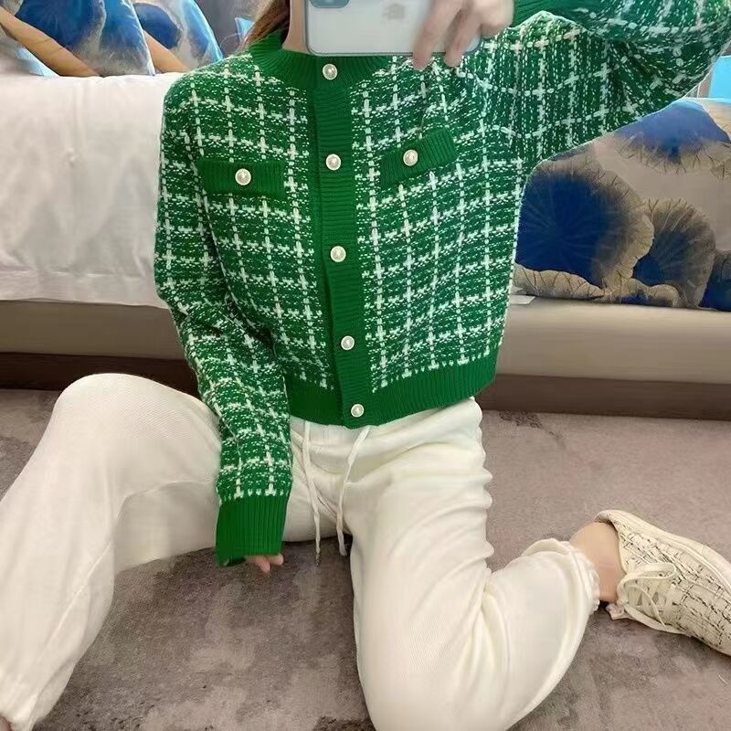 Early Autumn Sweater Women Knitted Cardigan New Year 2024 Spring and Autumn Checker Red Small Fragrant Coat O Neck Sweater