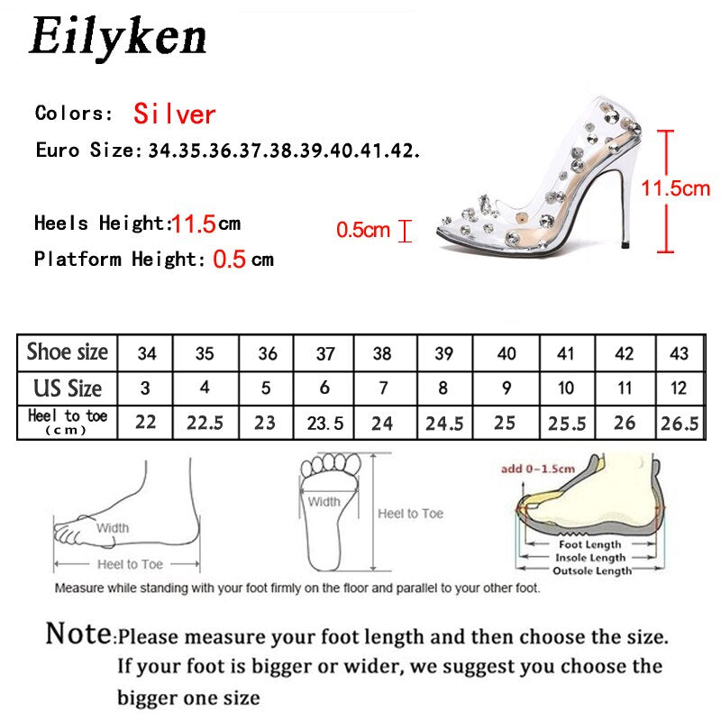 Eilyken Design Rivet Crystal Women Pumps PTransparent High Heels Sexy Nightclub Prom Female Sandals Wedding Shoes
