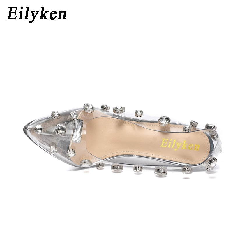 Eilyken Design Rivet Crystal Women Pumps PTransparent High Heels Sexy Nightclub Prom Female Sandals Wedding Shoes