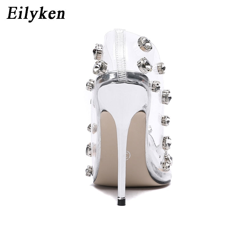 Eilyken Design Rivet Crystal Women Pumps PTransparent High Heels Sexy Nightclub Prom Female Sandals Wedding Shoes