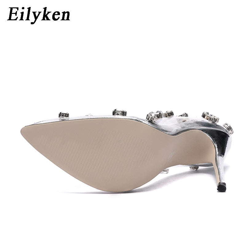 Eilyken Design Rivet Crystal Women Pumps PTransparent High Heels Sexy Nightclub Prom Female Sandals Wedding Shoes