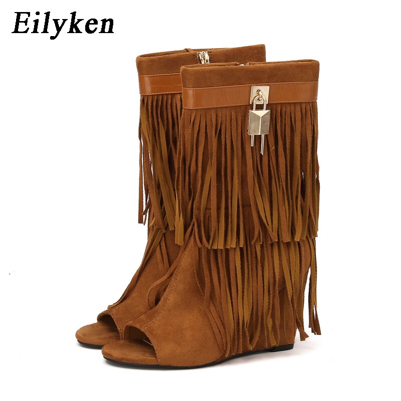 Eilyken Designer Fringe Wedges Boot Sandals Woman High Heels Open Toe Party Prom Shoes Sexy Zipper Female Pumps