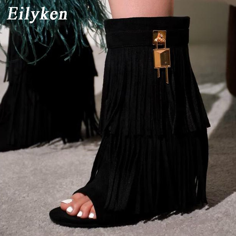 Eilyken Designer Fringe Wedges  Boot Sandals Woman High Heels Open Toe Party Prom Shoes Sexy Zipper Female Pumps AMAIO