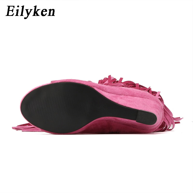 Eilyken Designer Fringe Wedges Boot Sandals Woman High Heels Open Toe Party Prom Shoes Sexy Zipper Female Pumps
