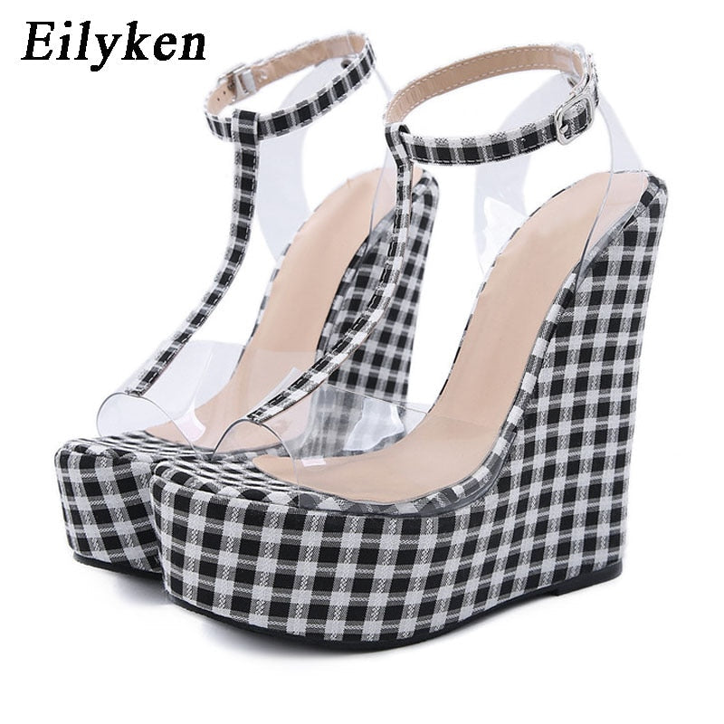 Eilyken Fashion Gingham Thick Bottoms Wedge Women Sandals Ankle Buckle Strap Platform High Heels PTransparent Femme Shoes Black