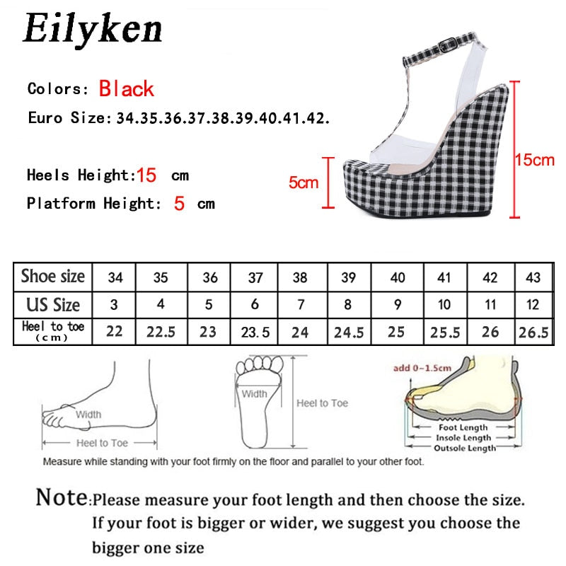 Eilyken Fashion Gingham Thick Bottoms Wedge Women Sandals Ankle Buckle Strap Platform High Heels PTransparent Femme Shoes