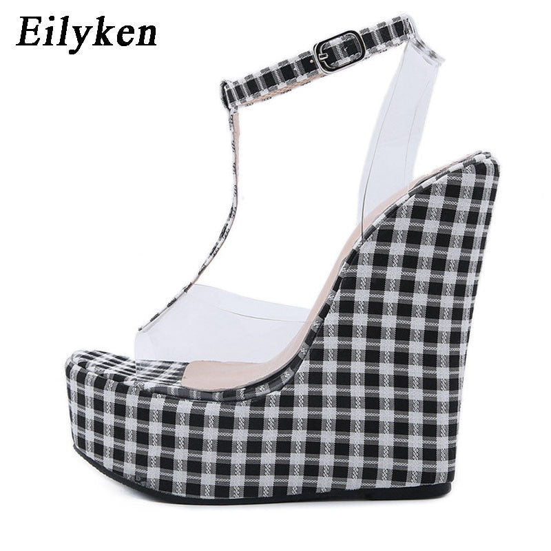 Eilyken Fashion Gingham Thick Bottoms Wedge Women Sandals Ankle Buckle Strap Platform High Heels PTransparent Femme Shoes