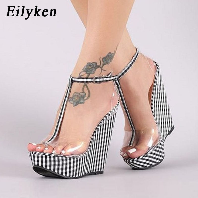 Eilyken Fashion Gingham Thick Bottoms Wedge Women Sandals Ankle Buckle Strap Platform High Heels PVC Transparent Femme Shoes AMAIO