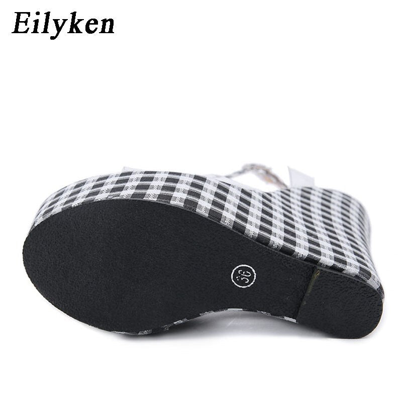 Eilyken Fashion Gingham Thick Bottoms Wedge Women Sandals Ankle Buckle Strap Platform High Heels PTransparent Femme Shoes