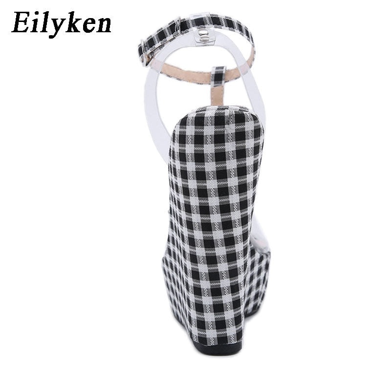 Eilyken Fashion Gingham Thick Bottoms Wedge Women Sandals Ankle Buckle Strap Platform High Heels PTransparent Femme Shoes