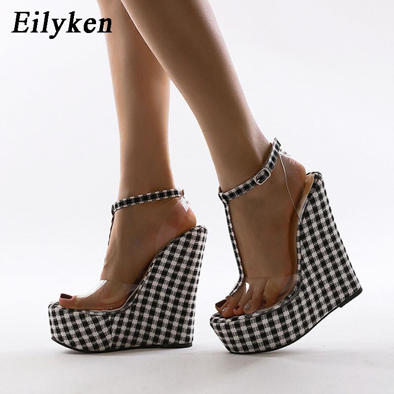 Eilyken Fashion Gingham Thick Bottoms Wedge Women Sandals Ankle Buckle Strap Platform High Heels PTransparent Femme Shoes