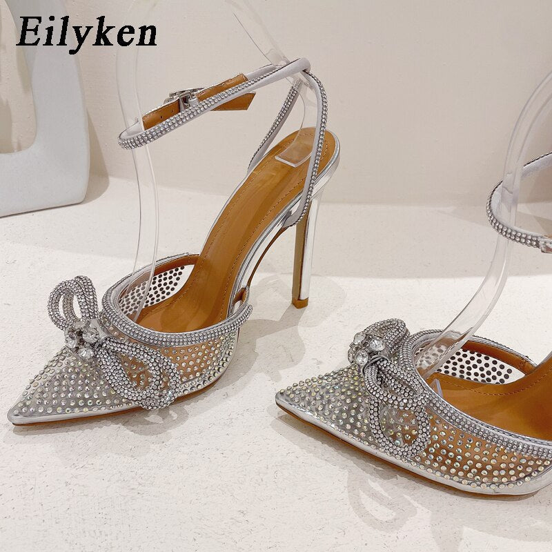 Eilyken New PTransparent Women Pumps Sexy Butterfly-knot CRYSTAL High Heels Pointed Toe Wedding Prom Sandals Spring Shoes