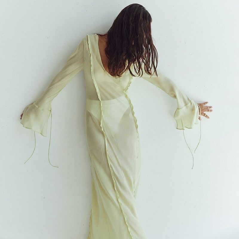 Elegant Black Sheer Beach Dress Women Sexy Flare Sleeve Mesh Tassel Bodycon Summer Dress 2024 Night Party Long Dress Cover-Ups