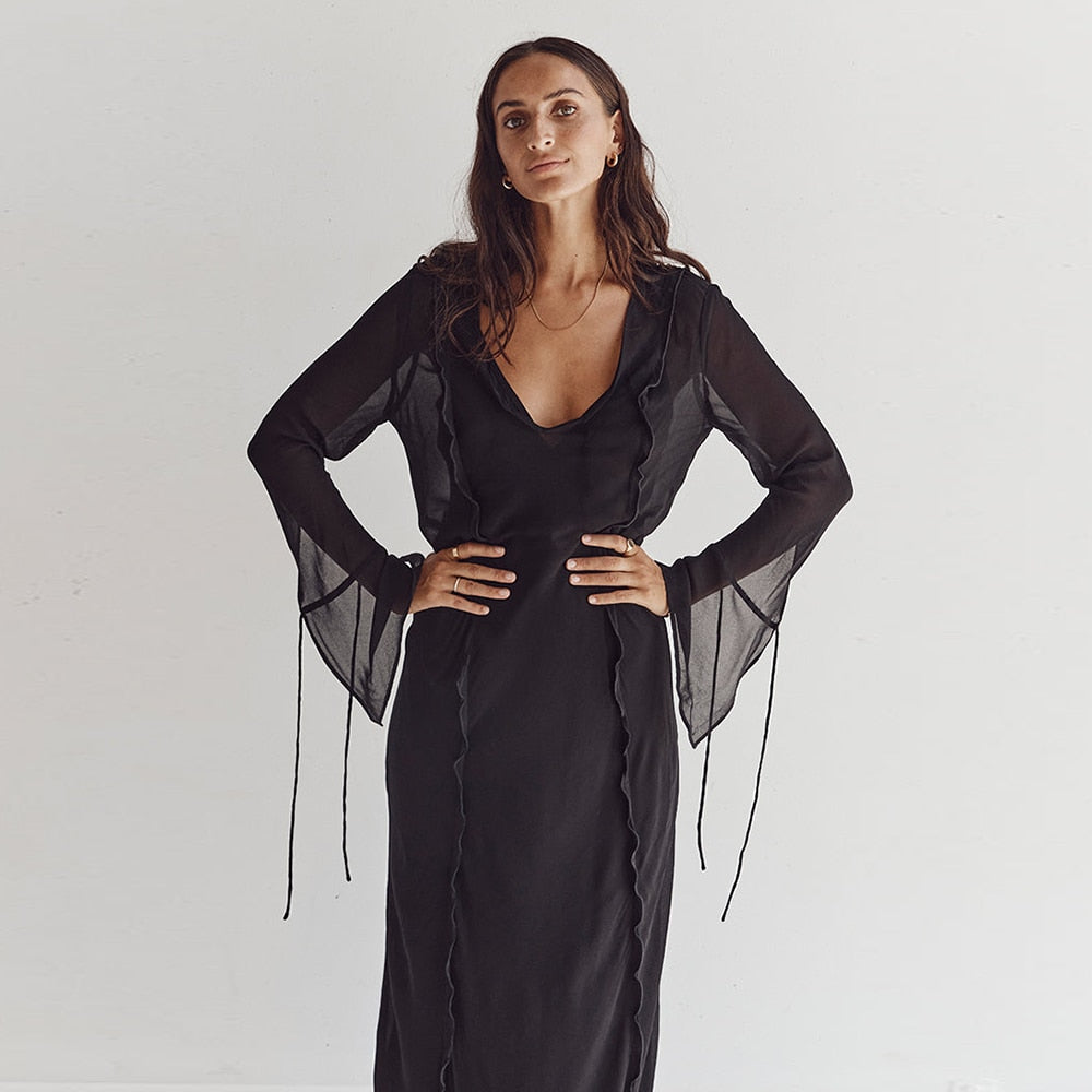 Elegant Black Sheer Beach Dress Women Sexy Flare Sleeve Mesh Tassel Bodycon Summer Dress 2024 Night Party Long Dress Cover-Ups