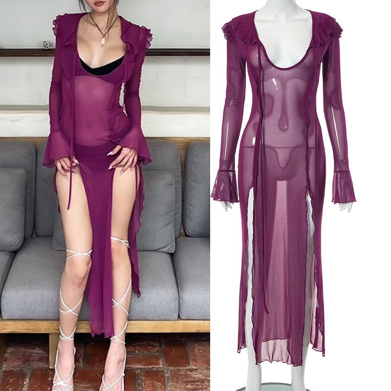 Elegant Black Sheer Beach Dress Women Sexy Flare Sleeve Mesh Tassel Bodycon Summer Dress 2024 Night Party Long Dress Cover-Ups Purple