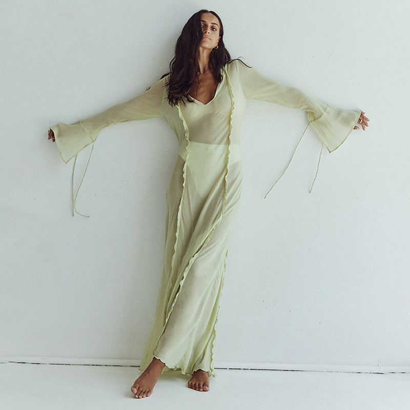 Elegant Black Sheer Beach Dress Women Sexy Flare Sleeve Mesh Tassel Bodycon Summer Dress 2024 Night Party Long Dress Cover-Ups Green