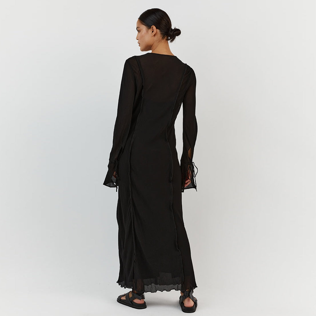 Elegant Black Sheer Beach Dress Women Sexy Flare Sleeve Mesh Tassel Bodycon Summer Dress 2024 Night Party Long Dress Cover-Ups