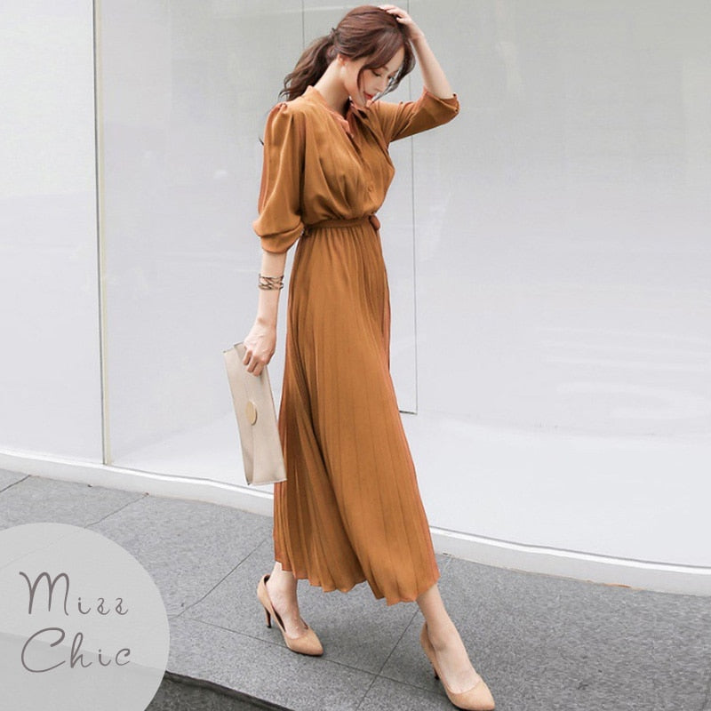 Elegant Chiffon Long Sleeve Shirt Dress Women Belt Lace Up A-line Pleated Maxi Dress Korean Fashion Fall Clothes Streetwear AMAIO