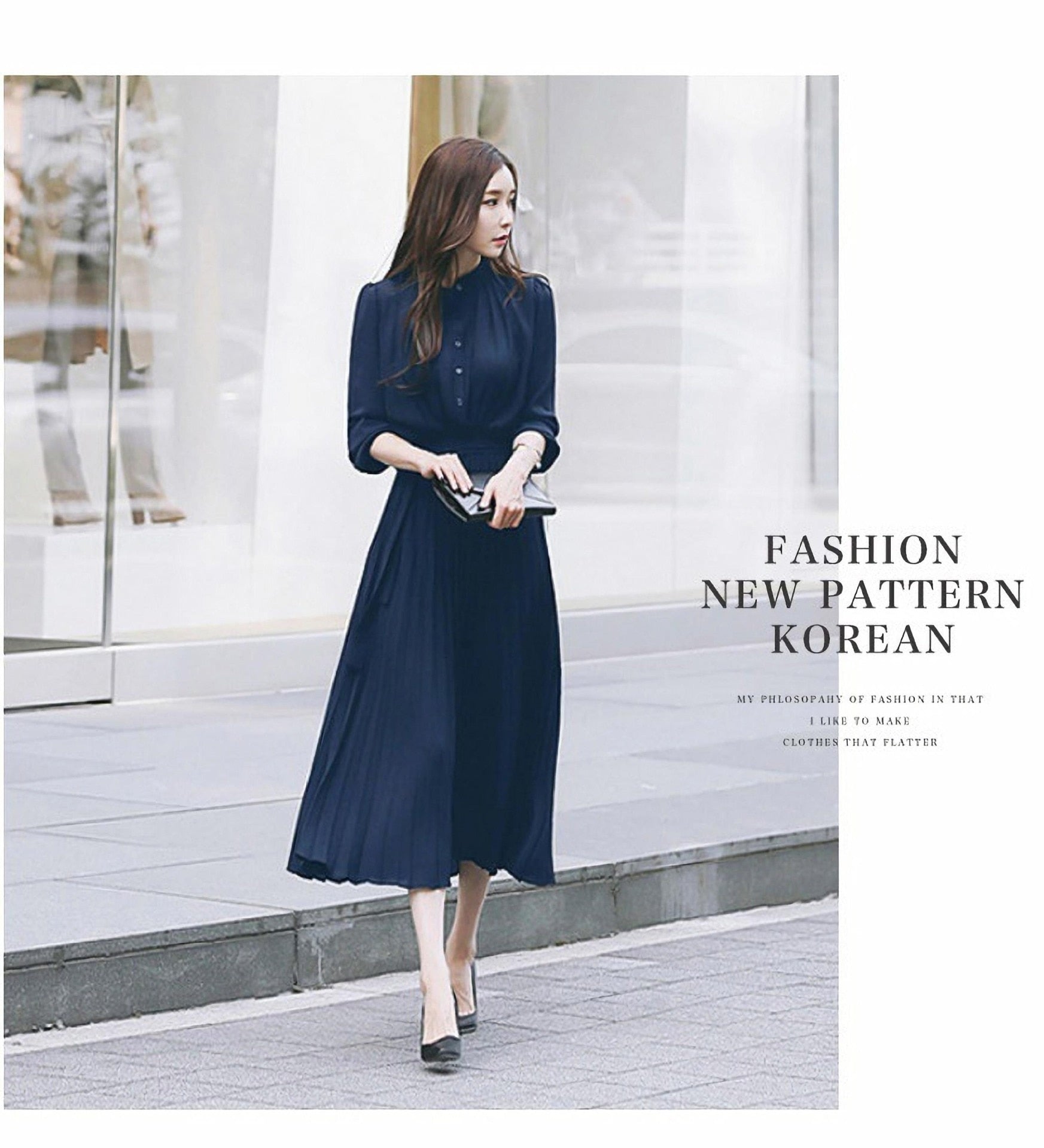 Elegant Chiffon Long Sleeve Shirt Dress Women Belt Lace Up A-line Pleated Maxi Dress Korean Fashion Fall Clothes Streetwear royal blue
