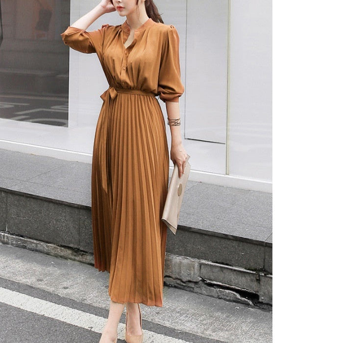 Elegant Chiffon Long Sleeve Shirt Dress Women Belt Lace Up A-line Pleated Maxi Dress Korean Fashion Fall Clothes Streetwear