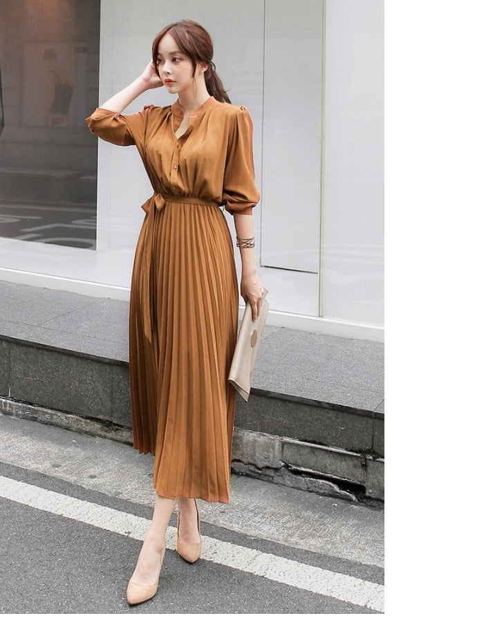 Elegant Chiffon Long Sleeve Shirt Dress Women Belt Lace Up A-line Pleated Maxi Dress Korean Fashion Fall Clothes Streetwear