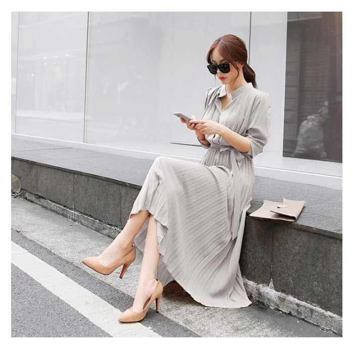 Elegant Chiffon Long Sleeve Shirt Dress Women Belt Lace Up A-line Pleated Maxi Dress Korean Fashion Fall Clothes Streetwear Light grey