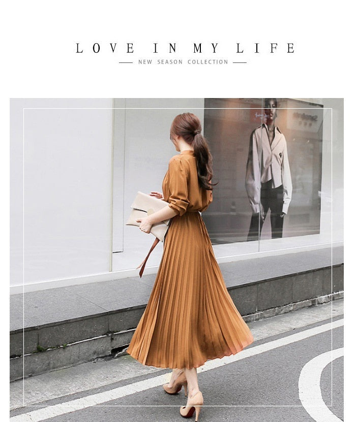 Elegant Chiffon Long Sleeve Shirt Dress Women Belt Lace Up A-line Pleated Maxi Dress Korean Fashion Fall Clothes Streetwear