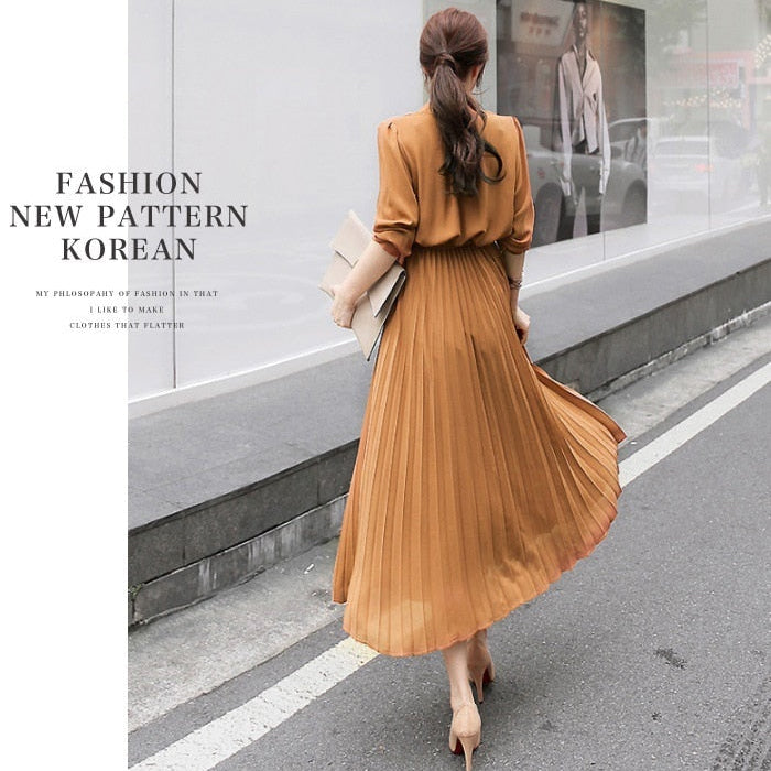 Elegant Chiffon Long Sleeve Shirt Dress Women Belt Lace Up A-line Pleated Maxi Dress Korean Fashion Fall Clothes Streetwear