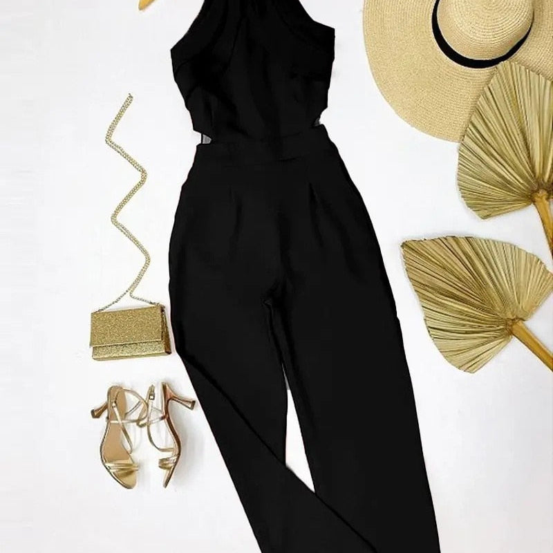 Elegant Europe and America New Solid Fashion Chain Neck Fold Sleeveless Sexy Office Lady Jumpsuit Women 2024 Summer OTTD Romper B