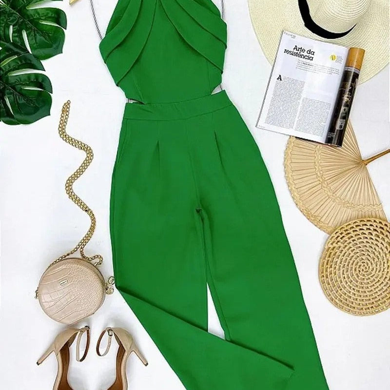 Elegant Europe and America New Solid Fashion Chain Neck Fold Sleeveless Sexy Office Lady Jumpsuit Women 2024 Summer OTTD Romper A