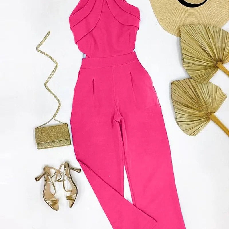 Elegant Europe and America New Solid Fashion Chain Neck Fold Sleeveless Sexy Office Lady Jumpsuit Women 2024 Summer OTTD Romper D