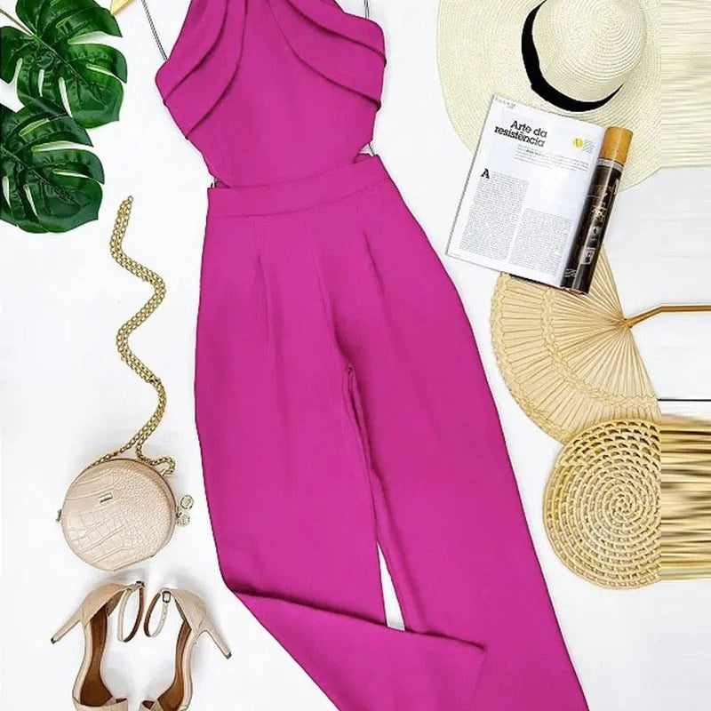 Elegant Europe and America New Solid Fashion Chain Neck Fold Sleeveless Sexy Office Lady Jumpsuit Women 2024 Summer OTTD Romper C