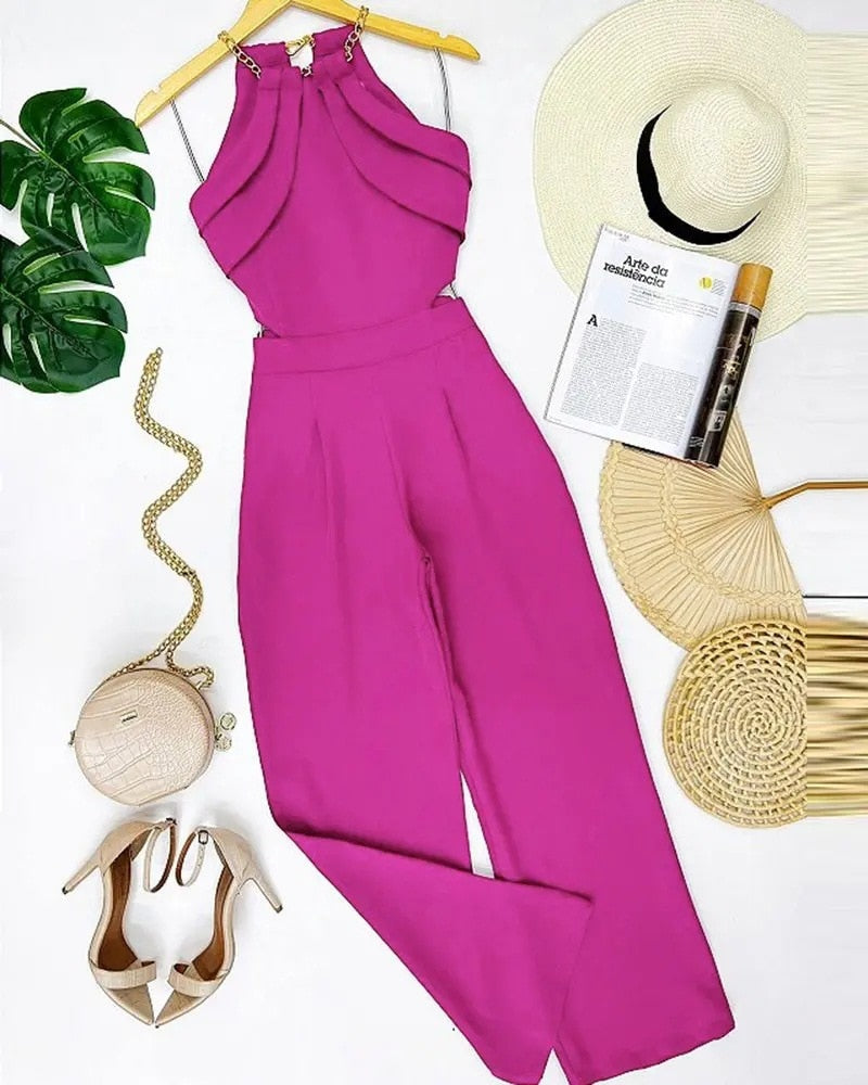Elegant Europe and America New Solid Fashion Chain Neck Fold Sleeveless Sexy Office Lady Jumpsuit Women 2024 Summer OTTD Romper C