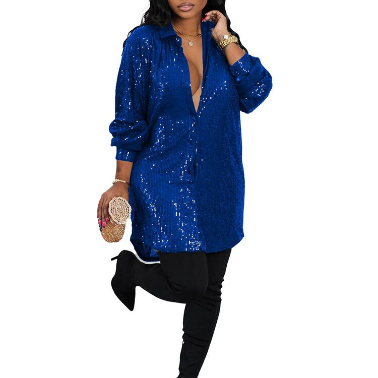 Elegant Evening Party Short Shirt Dress for Women Outfit Luxury Sequin Long Sleeve Spring Fall Birthday Club Dresses Vestidos Blue