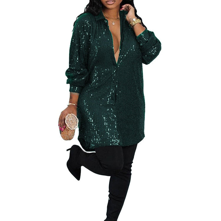 Elegant Evening Party Short Shirt Dress for Women Outfit Luxury Sequin Long Sleeve Spring Fall Birthday Club Dresses Vestidos Green