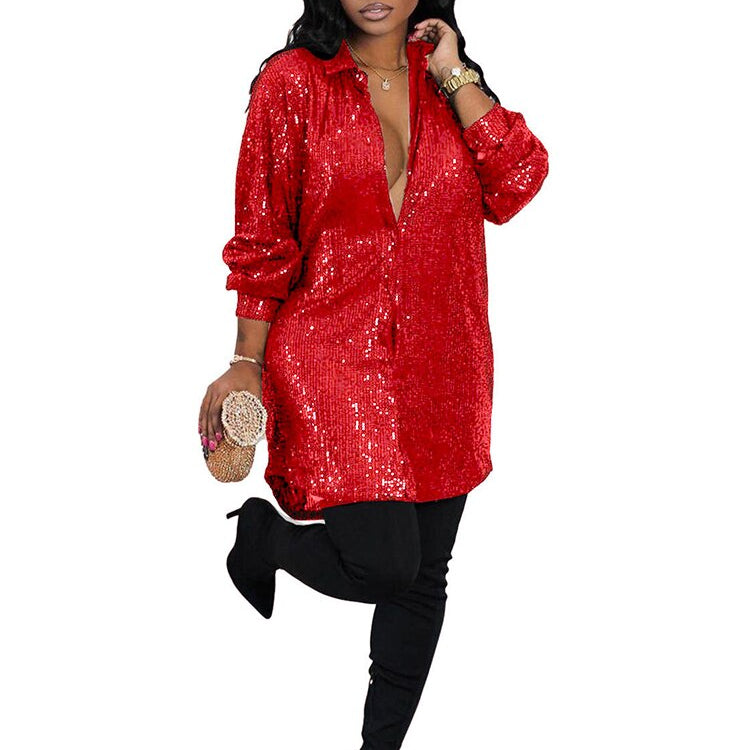 Elegant Evening Party Short Shirt Dress for Women Outfit Luxury Sequin Long Sleeve Spring Fall Birthday Club Dresses Vestidos Red