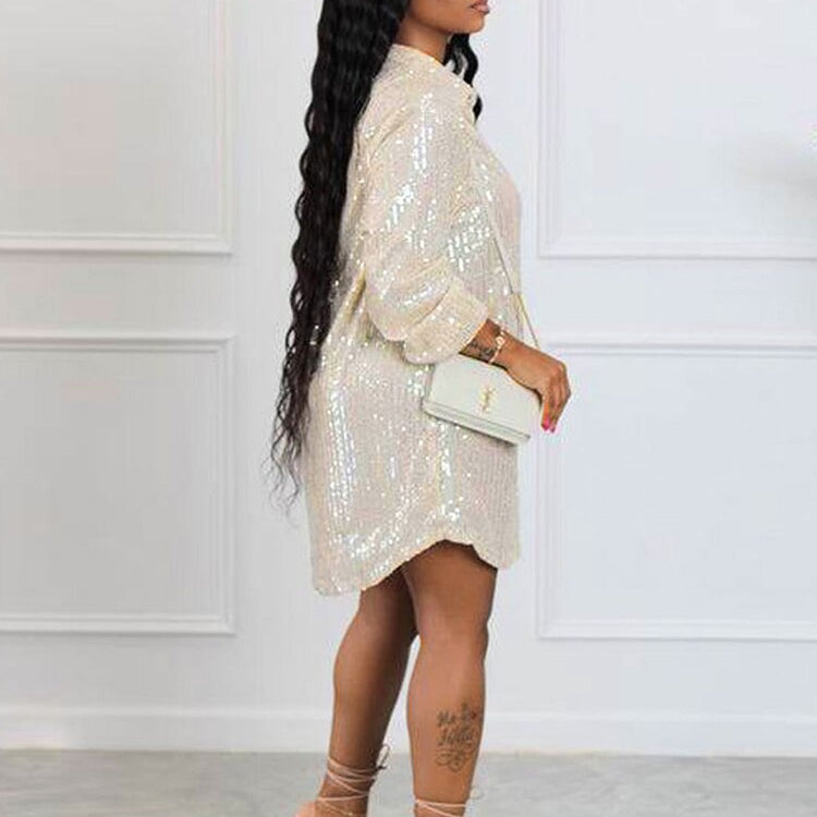 Elegant Evening Party Short Shirt Dress for Women Outfit Luxury Sequin Long Sleeve Spring Fall Birthday Club Dresses Vestidos